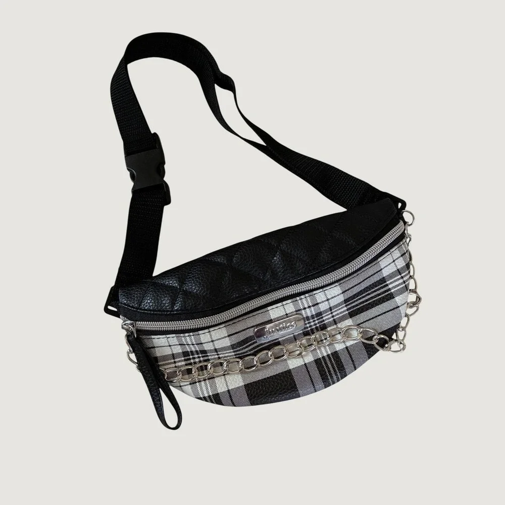 Justice Girls Belt Bag Black White Plaid Quilted Faux Leather Chain Fanny Pack